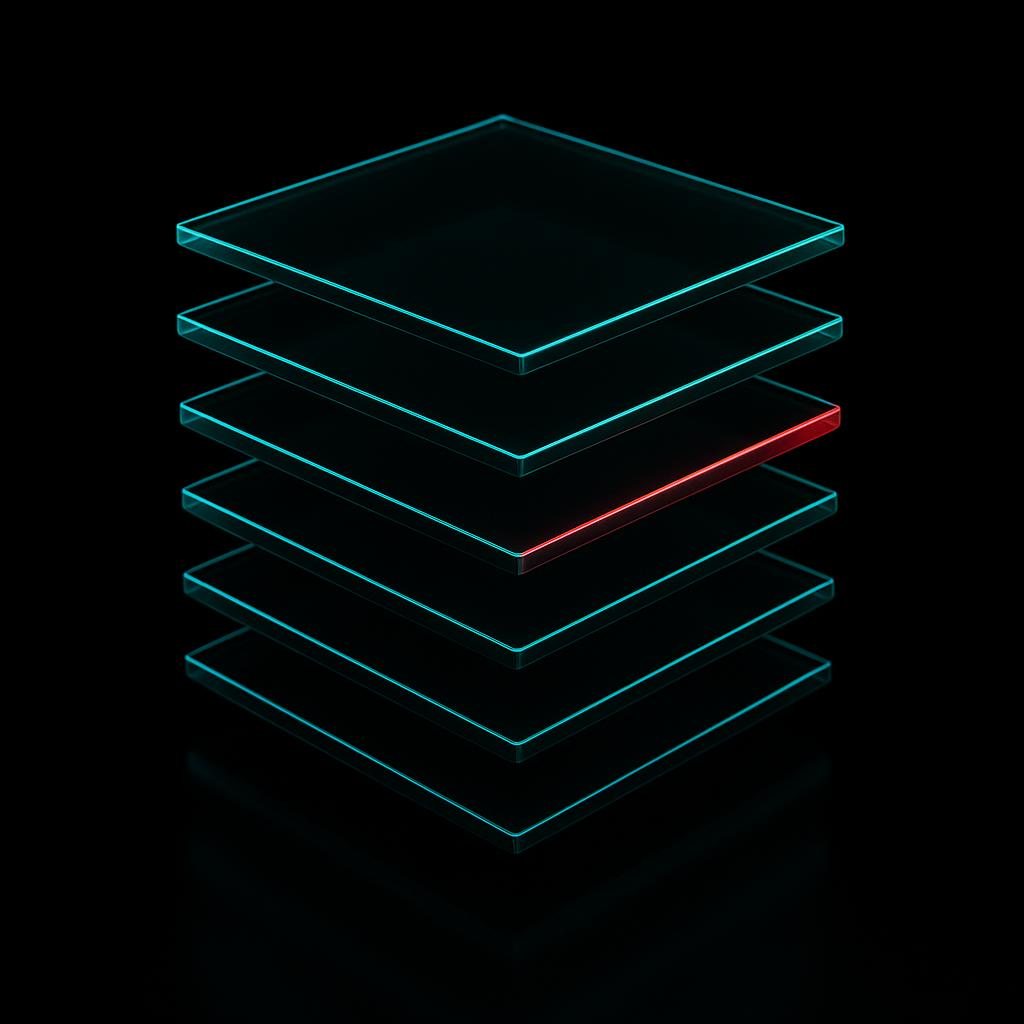 A stack of translucent evidence layers, each edge-lit green, one flagged red.
