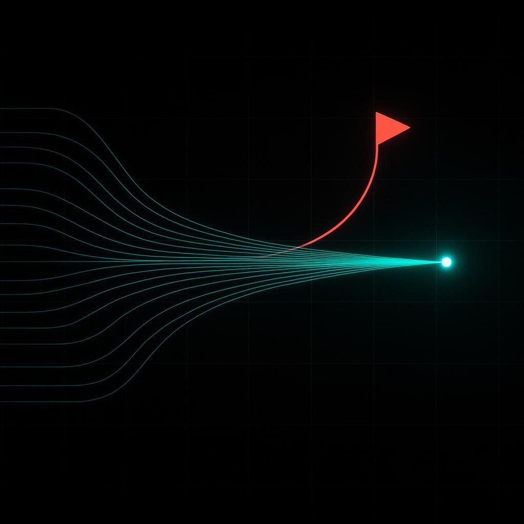 Many green signal traces converging to a single verdict point, one diverging red.