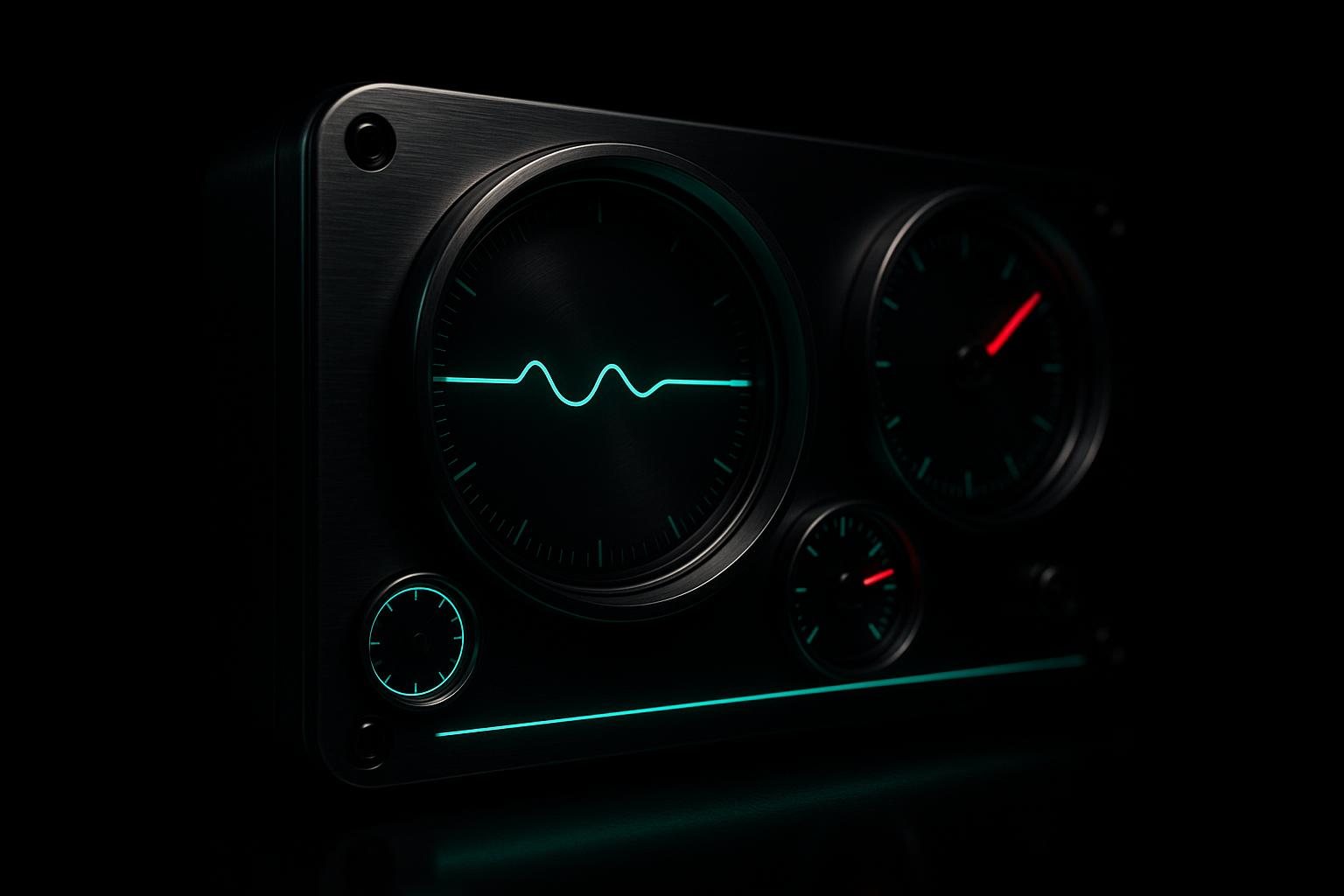 A precision instrument panel — machined gauges reading a steady green signal trace.